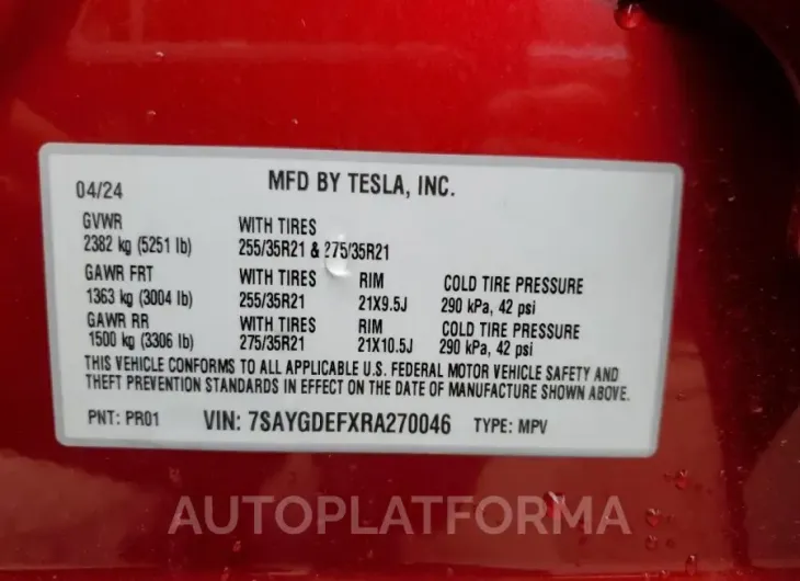 TESLA MODEL Y 2024 vin 7SAYGDEFXRA270046 from auto auction Copart