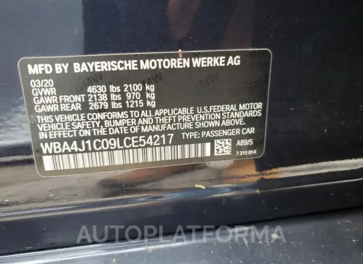 BMW 430I GRAN 2020 vin WBA4J1C09LCE54217 from auto auction Copart