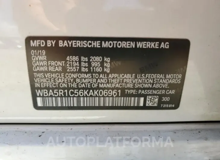 BMW 330 2019 vin WBA5R1C56KAK06961 from auto auction Copart