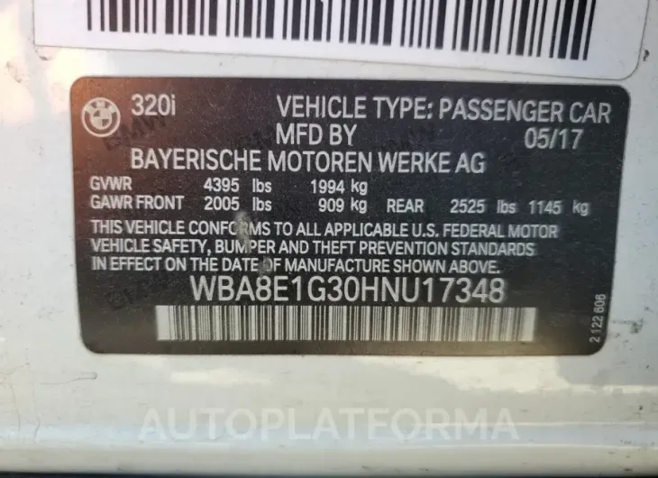 BMW 320 I 2017 vin WBA8E1G30HNU17348 from auto auction Copart