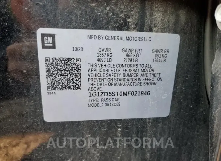 CHEVROLET MALIBU LT 2021 vin 1G1ZD5ST0MF021846 from auto auction Copart