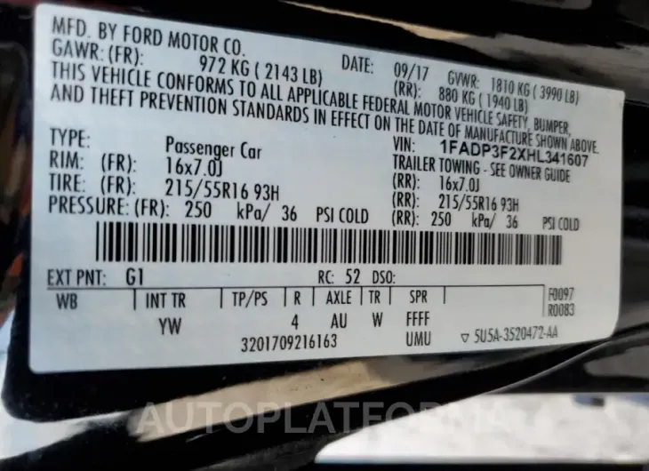 FORD FOCUS SE 2017 vin 1FADP3F2XHL341607 from auto auction Copart