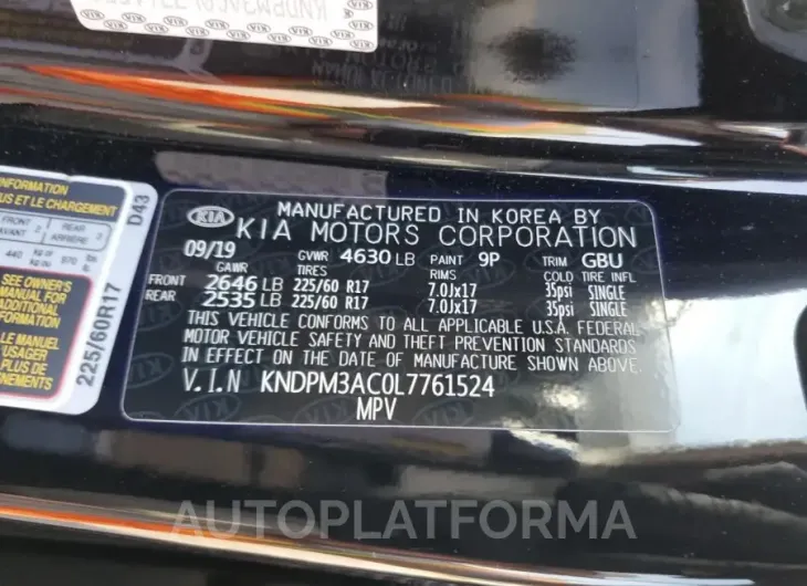 KIA SPORTAGE L 2020 vin KNDPM3AC0L7761524 from auto auction Copart