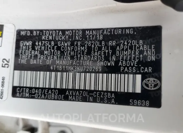 TOYOTA CAMRY L 2019 vin 4T1B11HK3KU720269 from auto auction Copart