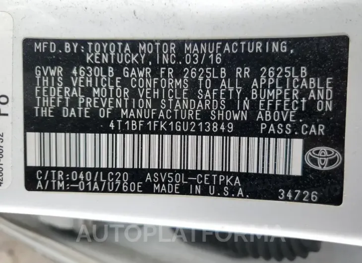 TOYOTA CAMRY LE 2016 vin 4T1BF1FK1GU213849 from auto auction Copart