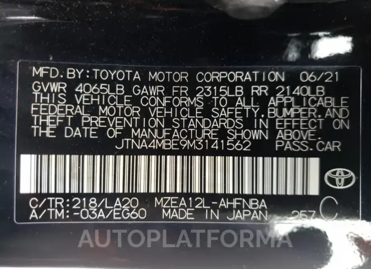 TOYOTA COROLLA XS 2021 vin JTNA4MBE9M3141562 from auto auction Copart