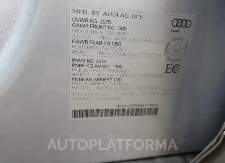 AUDI SQ5 TECHNI 2016 vin WA1LCAFP8GA123803 from auto auction Copart