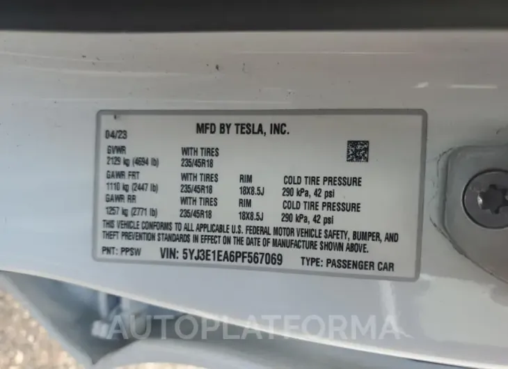 TESLA MODEL 3 2023 vin 5YJ3E1EA6PF567069 from auto auction Copart