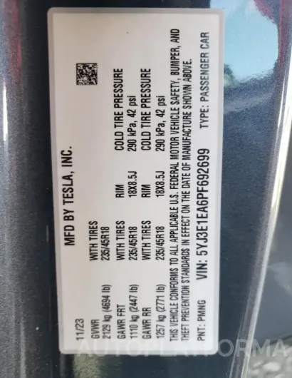 TESLA MODEL 3 2023 vin 5YJ3E1EA6PF692699 from auto auction Copart