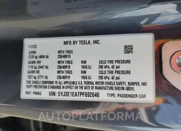 TESLA MODEL 3 2023 vin 5YJ3E1EA7PF692646 from auto auction Copart