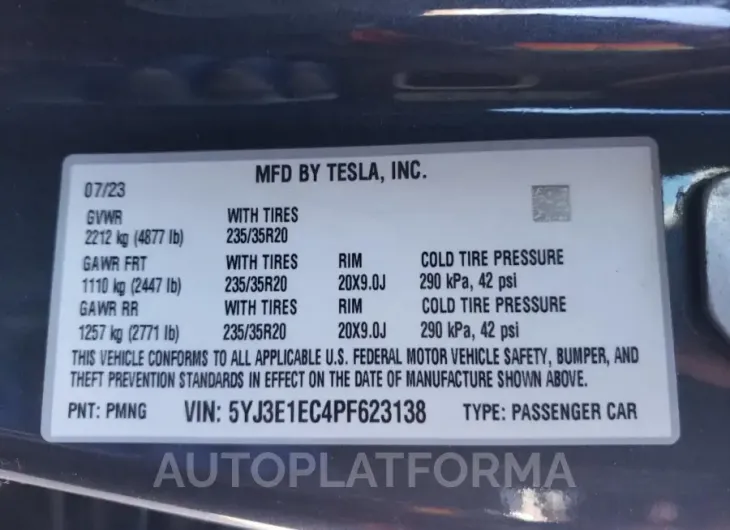 TESLA MODEL 3 2023 vin 5YJ3E1EC4PF623138 from auto auction Copart