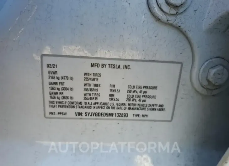 TESLA MODEL Y 2021 vin 5YJYGDED9MF132893 from auto auction Copart