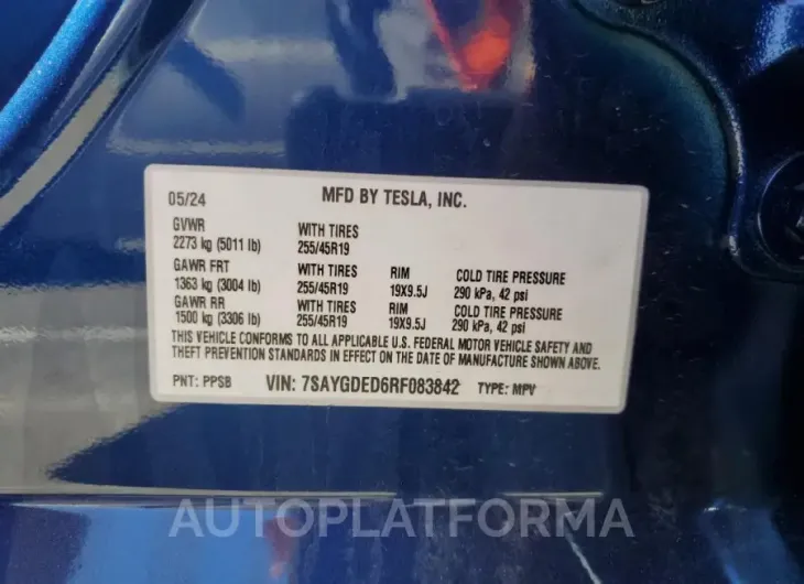 TESLA MODEL Y 2024 vin 7SAYGDED6RF083842 from auto auction Copart