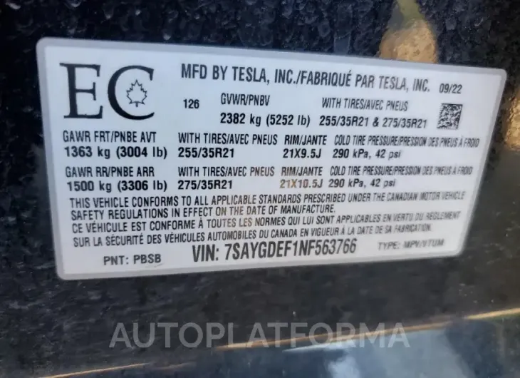 TESLA MODEL Y 2022 vin 7SAYGDEF1NF563766 from auto auction Copart