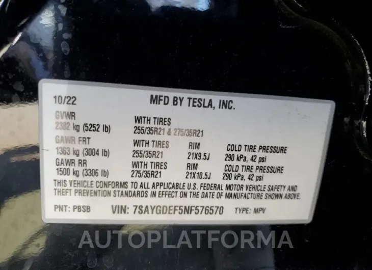 TESLA MODEL Y 2022 vin 7SAYGDEF5NF576570 from auto auction Copart