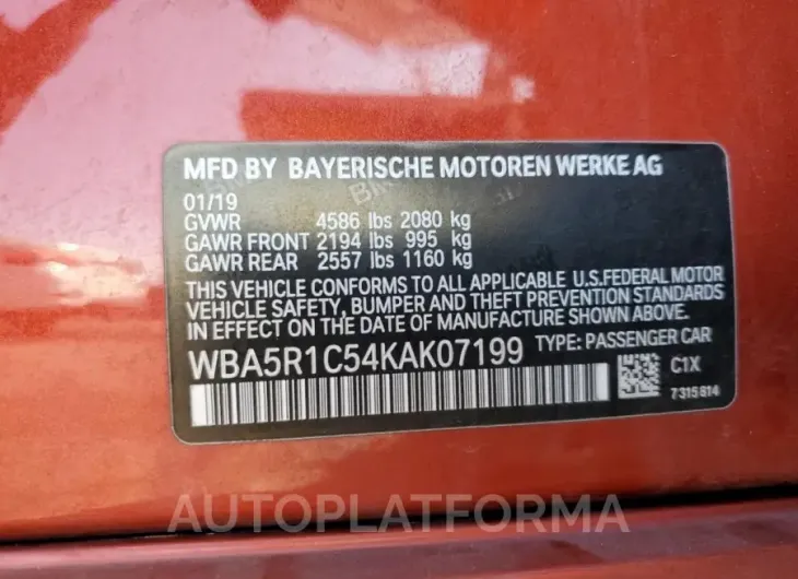 BMW 330I 2019 vin WBA5R1C54KAK07199 from auto auction Copart