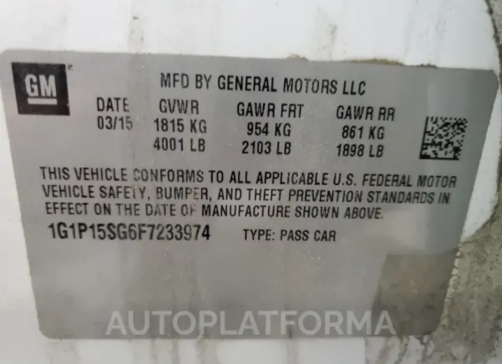 CHEVROLET CRUZE L 2015 vin 1G1P15SG6F7233974 from auto auction Copart