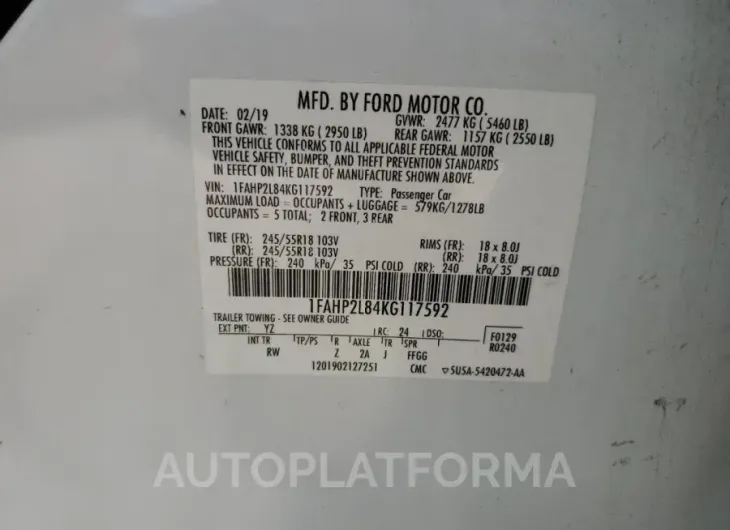 FORD TAURUS POL 2019 vin 1FAHP2L84KG117592 from auto auction Copart