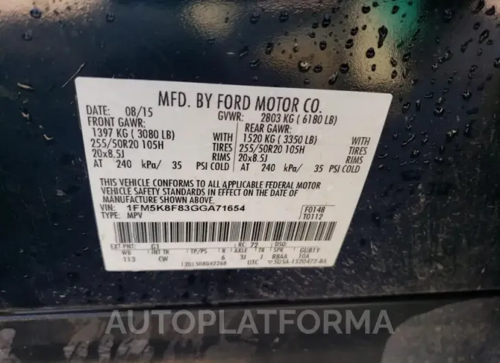 FORD EXPLORER L 2016 vin 1FM5K8F83GGA71654 from auto auction Copart