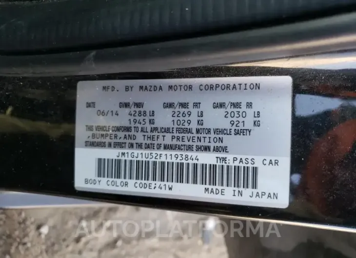 MAZDA 6 sport 2015 vin JM1GJ1U52F1193844 from auto auction Copart