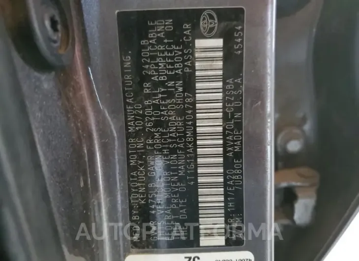 TOYOTA CAMRY SE 2021 vin 4T1G11AK8MU404787 from auto auction Copart