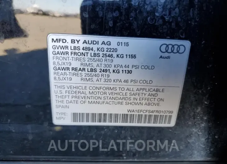 AUDI Q3 PREMIUM 2015 vin WA1EFCFS4FR010799 from auto auction Copart