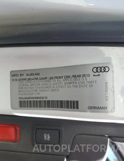 AUDI A4 PREMIUM 2017 vin WAUANAF4XHN043410 from auto auction Copart