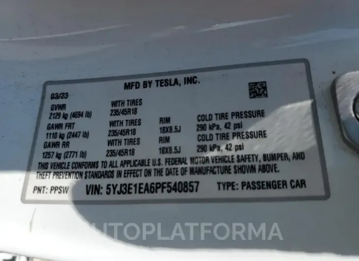 TESLA MODEL 3 2023 vin 5YJ3E1EA6PF540857 from auto auction Copart