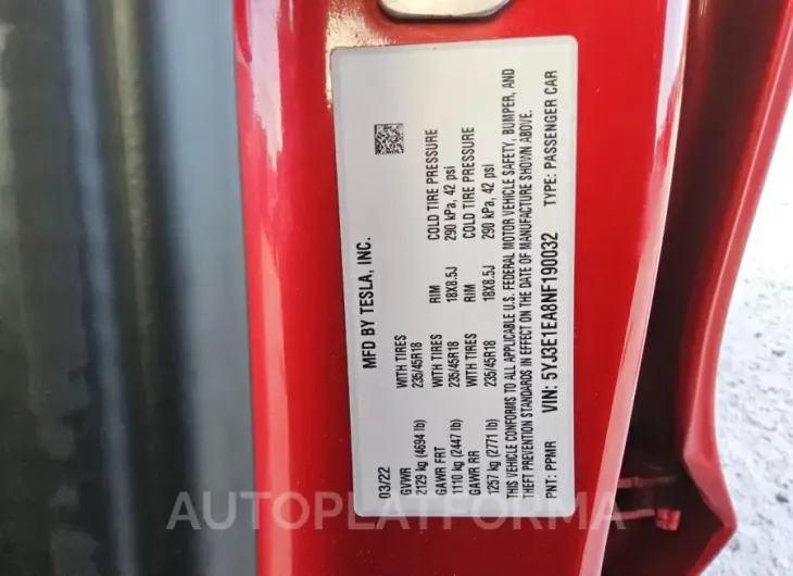 TESLA MODEL 3 2022 vin 5YJ3E1EA8NF190032 from auto auction Copart