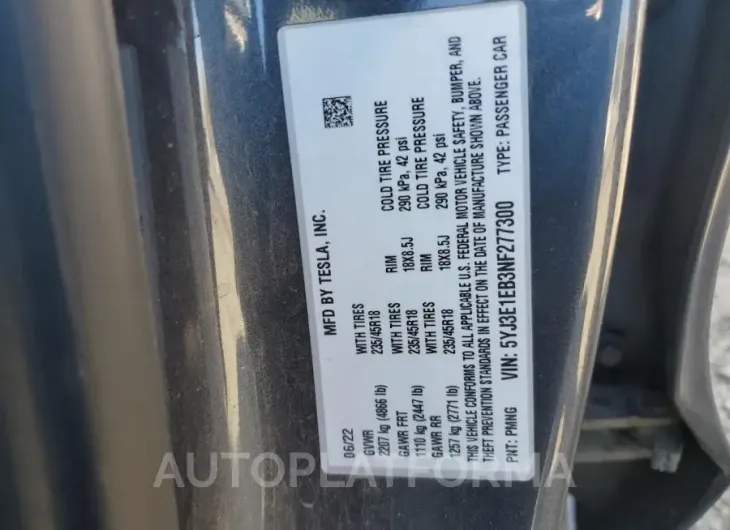 TESLA MODEL 3 2022 vin 5YJ3E1EB3NF277300 from auto auction Copart