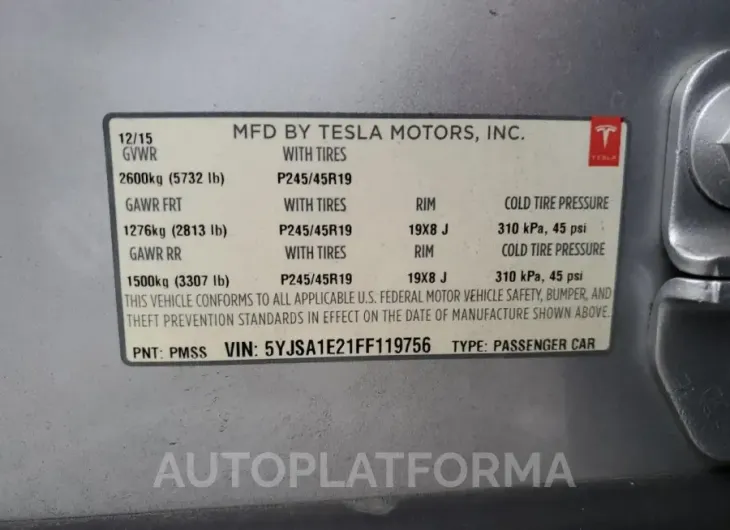 TESLA MODEL S 2015 vin 5YJSA1E21FF119756 from auto auction Copart