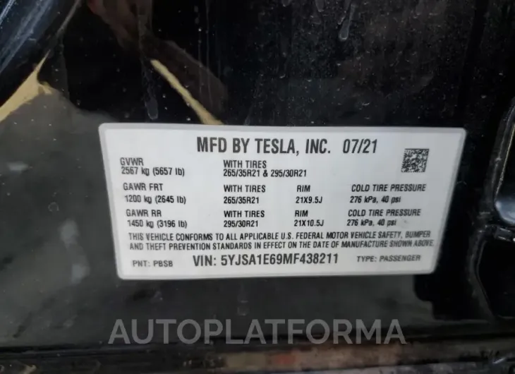 TESLA MODEL S 2021 vin 5YJSA1E69MF438211 from auto auction Copart