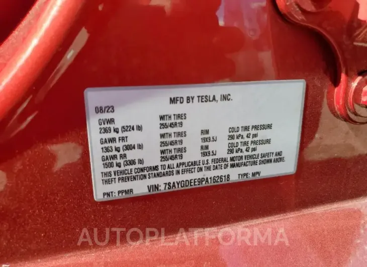 TESLA MODEL Y 2023 vin 7SAYGDEE9PA162618 from auto auction Copart