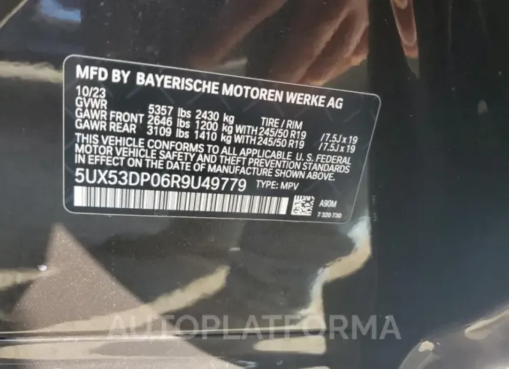 BMW X3 XDRIVE3 2024 vin 5UX53DP06R9U49779 from auto auction Copart