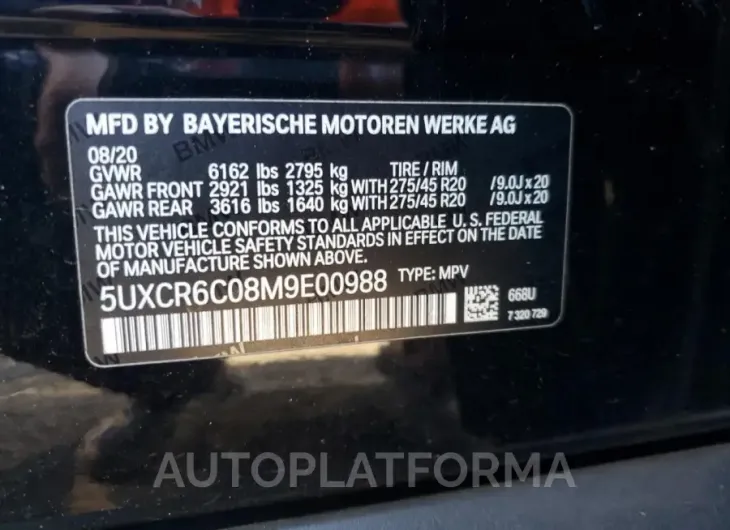 BMW X5 XDRIVE4 2021 vin 5UXCR6C08M9E00988 from auto auction Copart