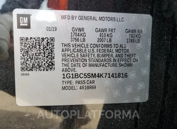 CHEVROLET CRUZE LS 2019 vin 1G1BC5SM4K7141816 from auto auction Copart