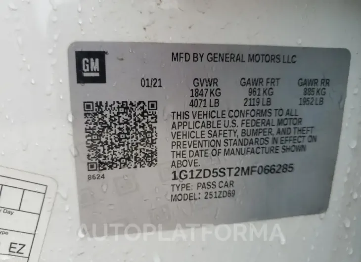 CHEVROLET MALIBU LT 2021 vin 1G1ZD5ST2MF066285 from auto auction Copart