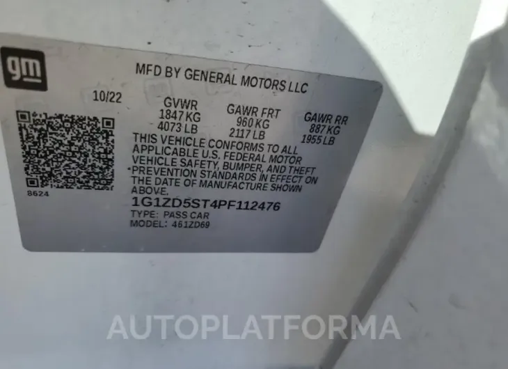 CHEVROLET MALIBU LT 2023 vin 1G1ZD5ST4PF112476 from auto auction Copart