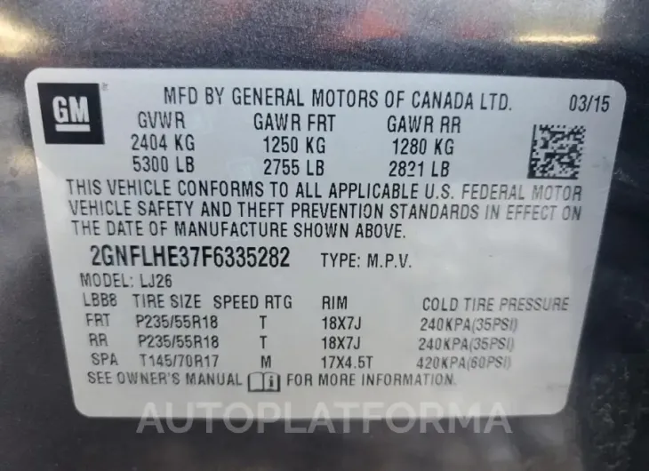 CHEVROLET EQUINOX LT 2015 vin 2GNFLHE37F6335282 from auto auction Copart