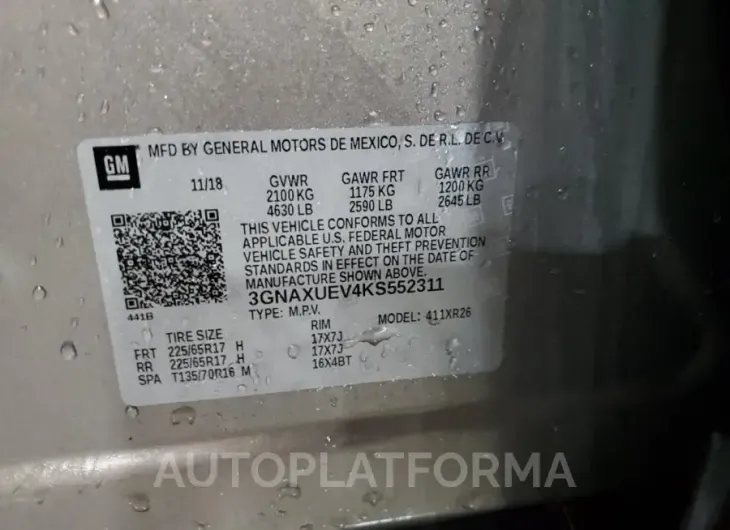 CHEVROLET EQUINOX LT 2019 vin 3GNAXUEV4KS552311 from auto auction Copart