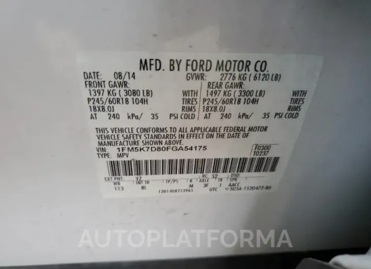 FORD EXPLORER X 2015 vin 1FM5K7D80FGA54175 from auto auction Copart