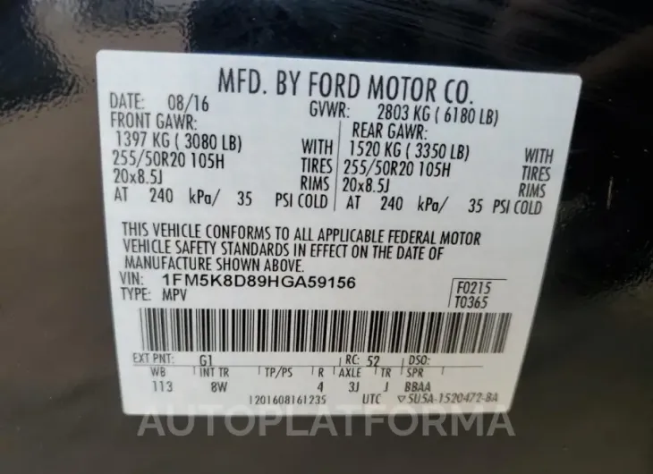 FORD EXPLORER X 2017 vin 1FM5K8D89HGA59156 from auto auction Copart