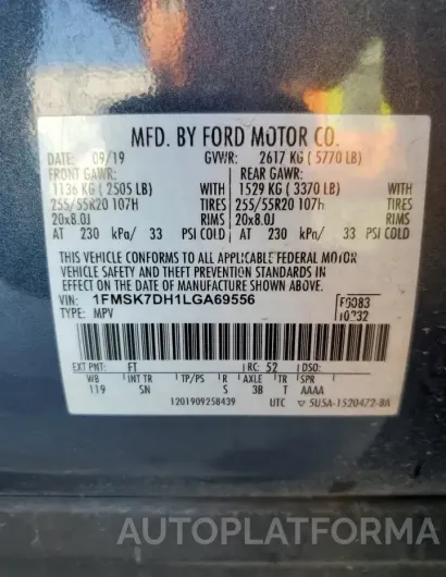 FORD EXPLORER X 2020 vin 1FMSK7DH1LGA69556 from auto auction Copart