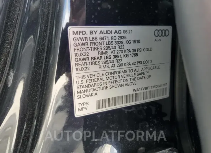 AUDI Q8 PRESTIG 2021 vin WA1FVBF17MD044187 from auto auction Copart