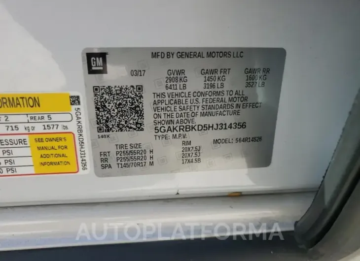 BUICK ENCLAVE 2017 vin 5GAKRBKD5HJ314356 from auto auction Copart