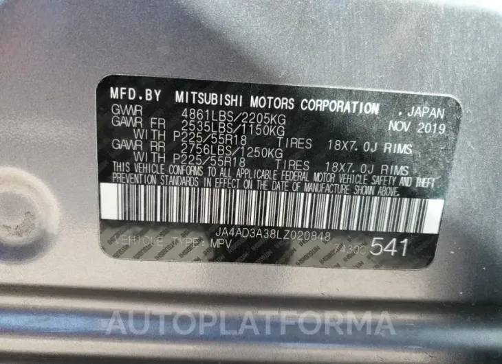 MITSUBISHI outlander 2020 vin JA4AD3A38LZ020848 from auto auction Copart