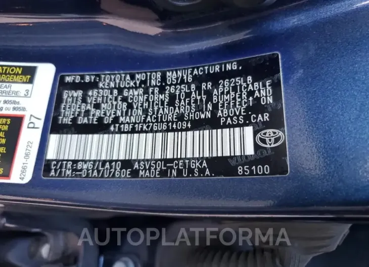 TOYOTA CAMRY LE 2016 vin 4T1BF1FK7GU614094 from auto auction Copart