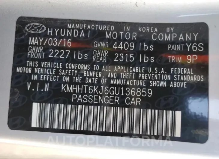 HYUNDAI GENESIS CO 2016 vin KMHHT6KJ6GU136859 from auto auction Copart