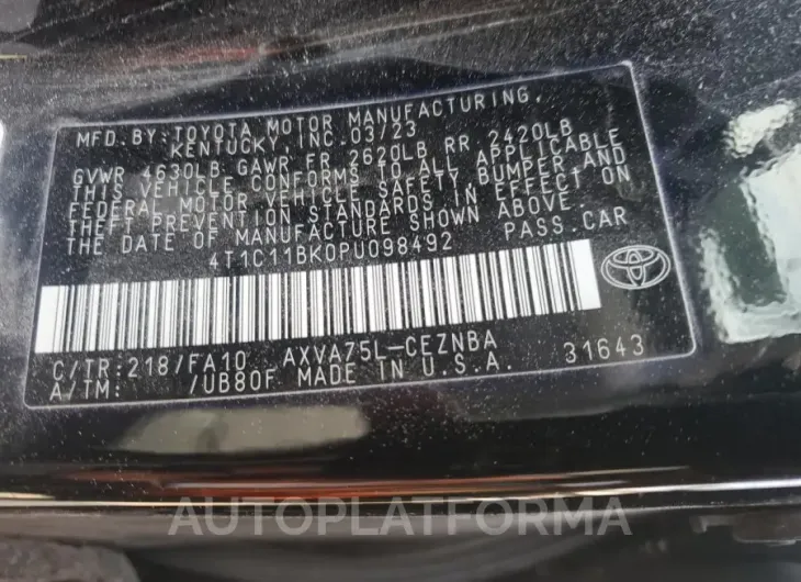 TOYOTA CAMRY LE 2023 vin 4T1C11BK0PU098492 from auto auction Copart