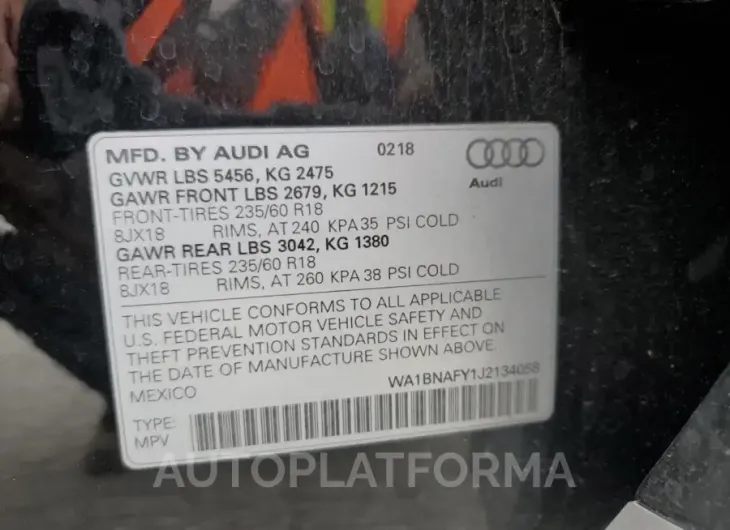 AUDI Q5 PREMIUM 2018 vin WA1BNAFY1J2134058 from auto auction Copart